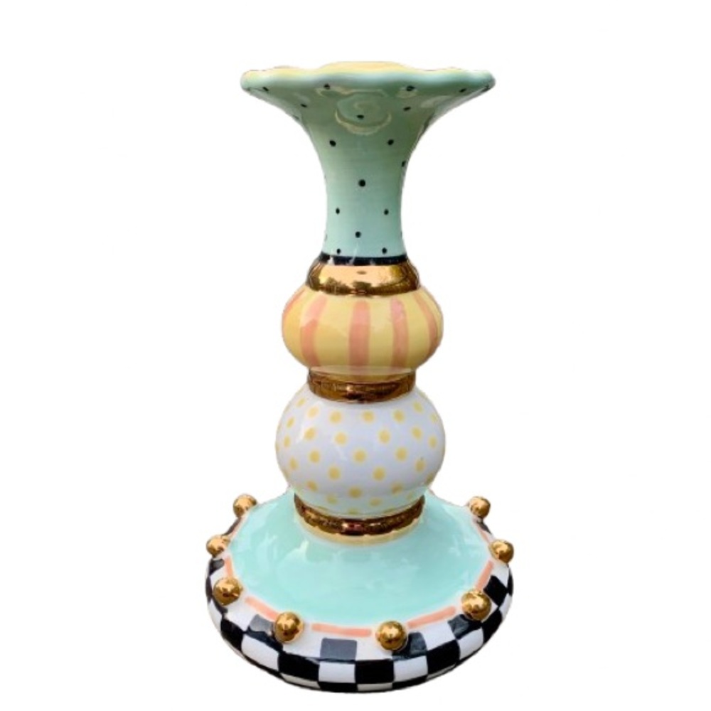 Vintage Checkerboard Checkered Check Multicolor Pastel Gold Candlestick Holder